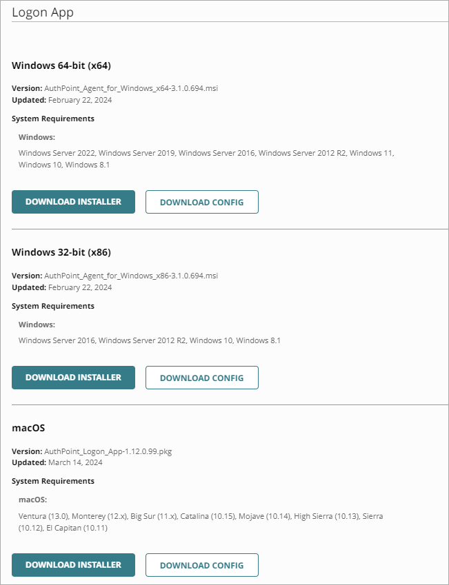 Screen shot that shows the Logon App section of the Downloads page.