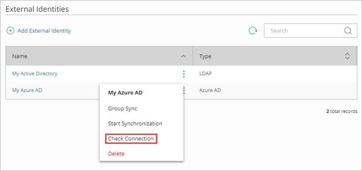 Screen shot that shows the Check Connection option in the external identity menu.
