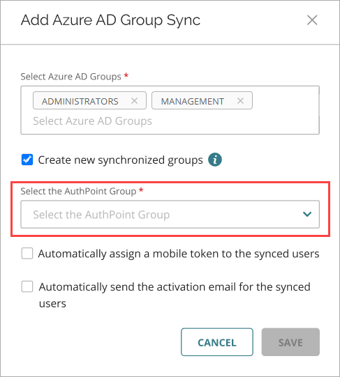 Screen shot that shows the Add Azure AD Group Sync window.