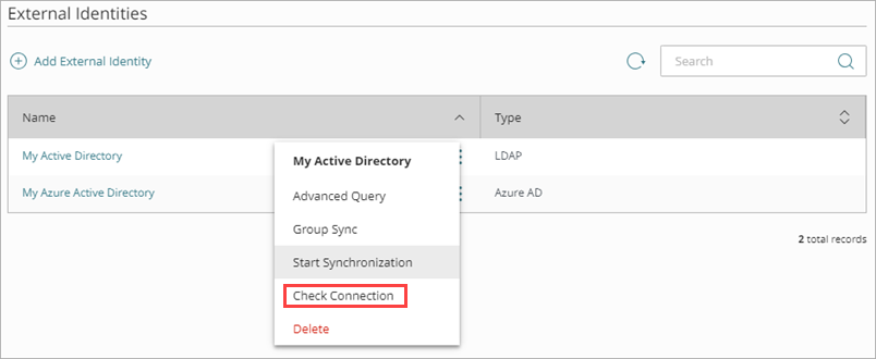 Screen shot that shows the Check Connection option in the external identity menu.