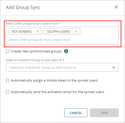 Screen shot that shows the settings in the Add LDAP Group Sync window.