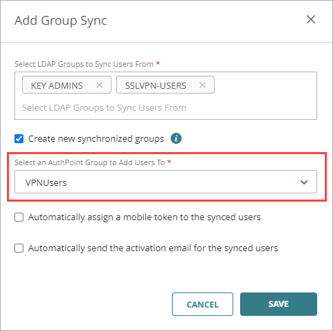 Screen shot that shows the settings in the Add LDAP Group Sync window.