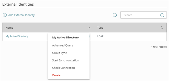 Screen shot that shows the open menu for an LDAP external identity.