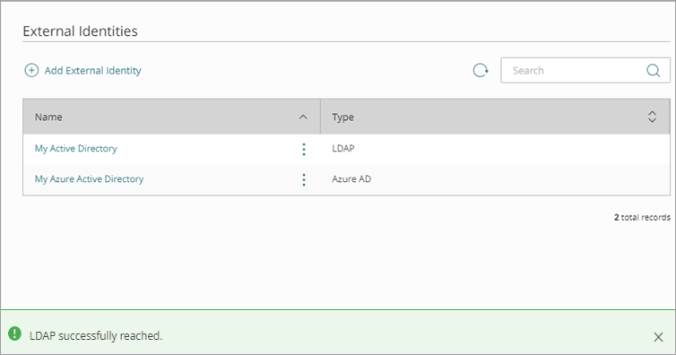 Screen shot that shows a success message for an external identity connection test.