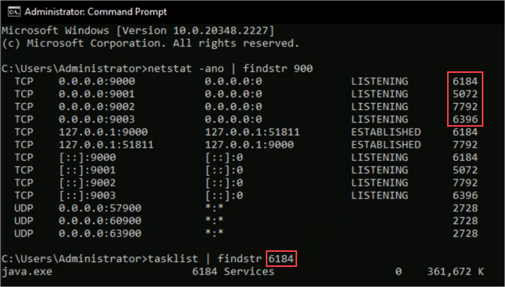 Screenshot of command prompt with the findstr command to show what processes use the required Gateway ports.