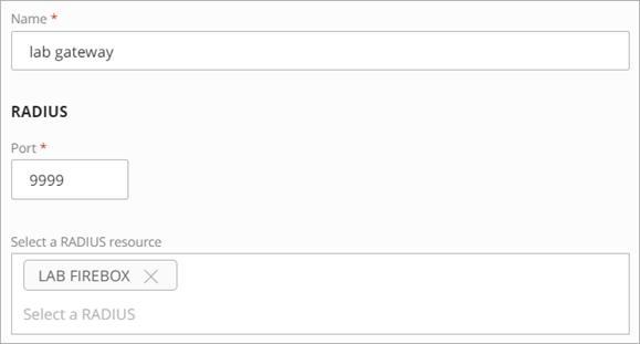 Screen shot that shows the RADIUS section of the Add Gateway page.