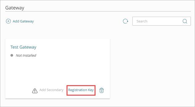 Screen shot that shows the Registration Key link for a specific Gateway.