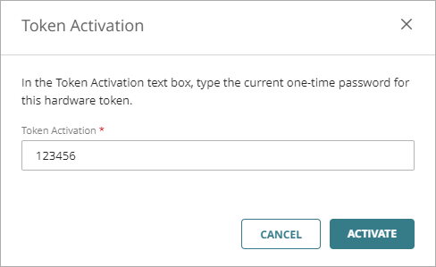 Screen shot that shows the Token Activation window.