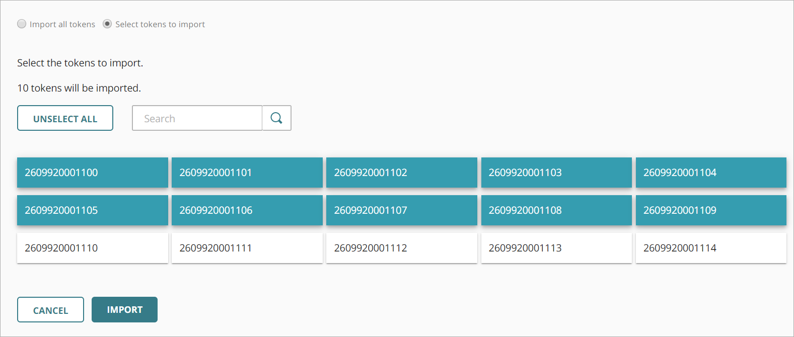 Screen shot that shows the Tokens page with tokens selected.