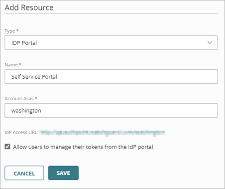 Screen shot that shows the IDP portal fields on the Add Resource page.