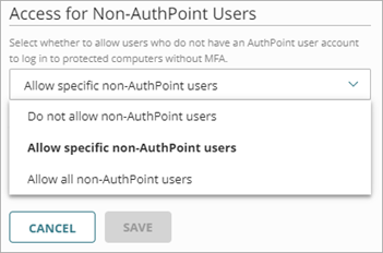 Screen shot that shows the Access for Non-AuthPoint Users section of the Add Resource page.