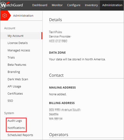 Screen shot that shows the Administration menu in WatchGuard Cloud.