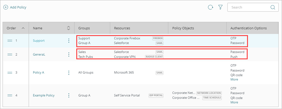 Screen shot that shows the policies list.