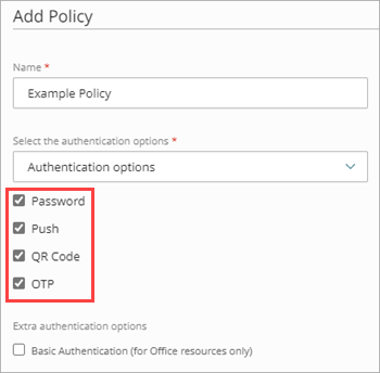 Screen shot of the Add Policy page with authentication options selected.