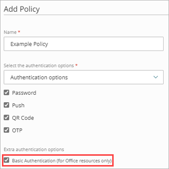 Screen shot that shows the Basic Authentication check box on the Add Policy page.