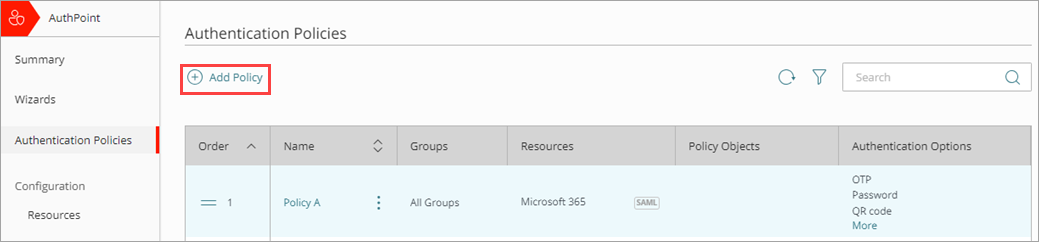 Screen shot of the Authentication Policies list.
