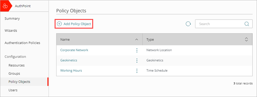 Screen shot that shows the Policy Objects page.