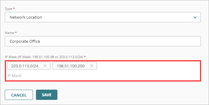 Screen shot that shows the IP Mask text box for network locations.
