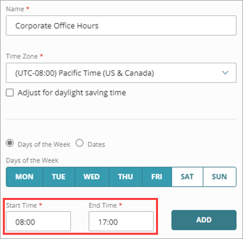 Screen shot that shows the Time Schedule fields on the Add Policy Object page.