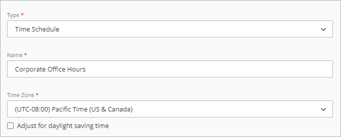 Screen shot that shows the Time Schedule fields on the Add Policy Object page.