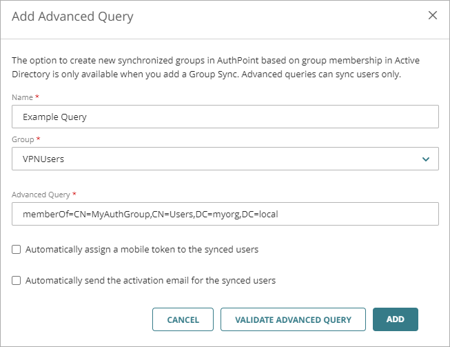 Screen shot that shows the Add Advanced Query window.