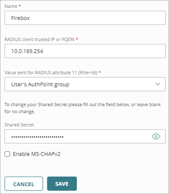 Screen shot of the RADIUS fields on the Add Resource page.