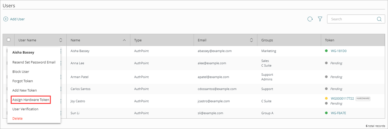 Screen shot that shows the Assign Hardware Token option in the menu for a user.