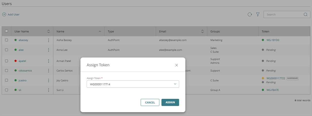 Screen shot that shows the Assign Token window.