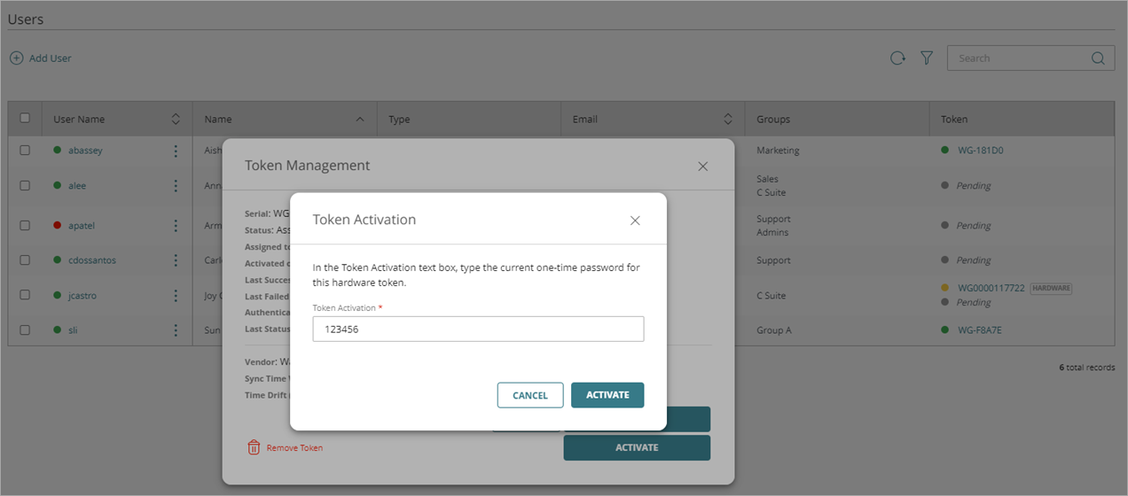 Screen shot that shows the Token Activation window.