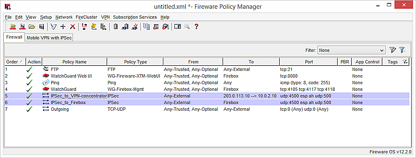 Captura de pantalla de Policy Manager con dos políticas IPSec de tráfico