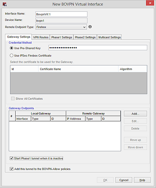 Captura de pantalla del cuadro de diálogo Nueva Interfaz Virtual BOVPN, pestaña Configuración de Puerta de Enlace