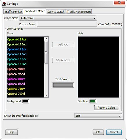 Captura de pantalla de las configuraciones del Medidor de Ancho de Banda de FSM