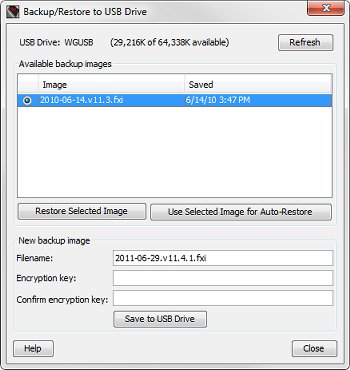 Captura de pantalla del cuadro de diálogo Copia de seguridad/Restaurar a unidad USB