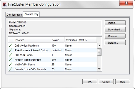 Captura de pantalla del cuadro de diálogo Configuración de miembro de FireCluster, pestaña  Llave de Licencias 