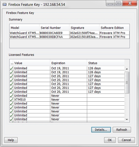 Captura de pantalla del cuadro de diálogo  Llave de Licencias de Firebox para un FireCluster.