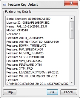 Captura de pantalla del cuadro de diálogo Detalles de llave de licencias para un FireCluster.