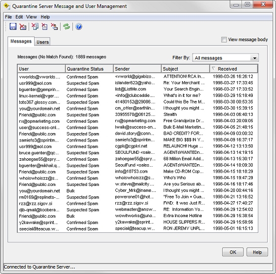 Captura de pantalla del cuadro de diálogo Mensaje del Quarantine Server y de Administración de usuarios