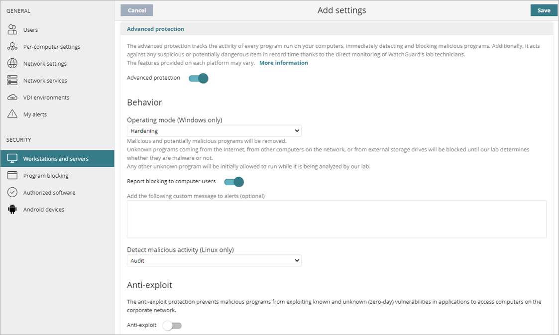 Screen shot of WatchGuard Endpoint Security, Advanced Protection settings