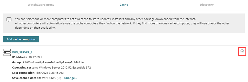 Screen shot of WatchGuard Endpoint Security, Network Services, Cache tab