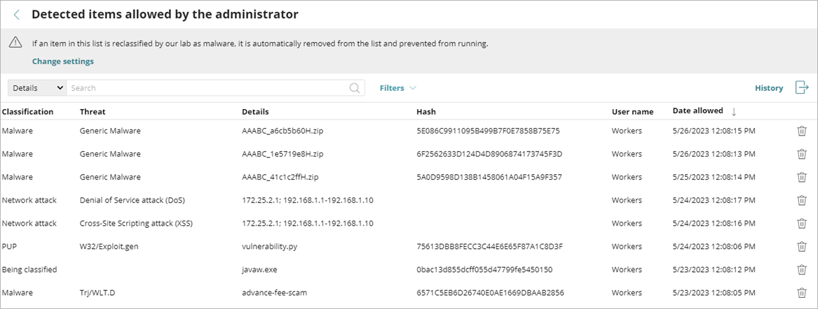 Screen shot of the Detected Items Allowed by the Administrator list