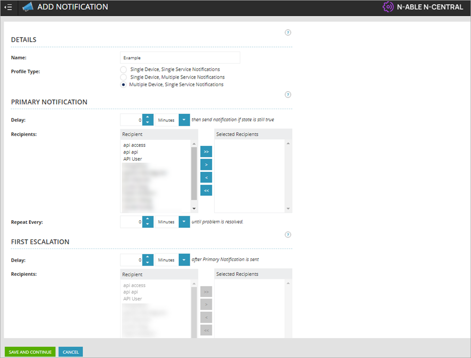 Screen shot of N-Central, Add Notifications page