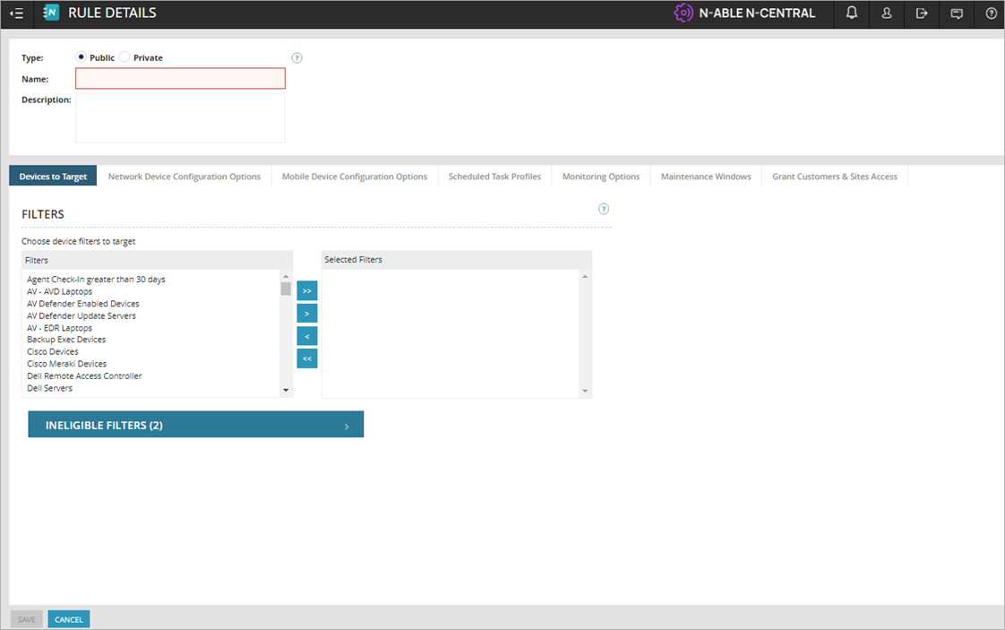 Screen shot of N-Central, Rules details