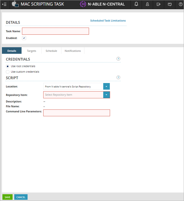 Screen shot of N-Central, Mac Scripting Task details