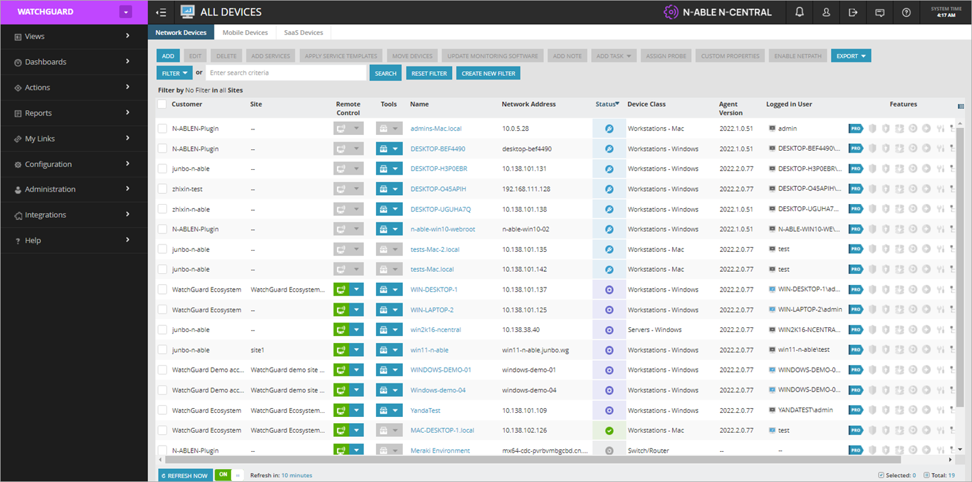 Screen shot of N-Central Network Devices tab