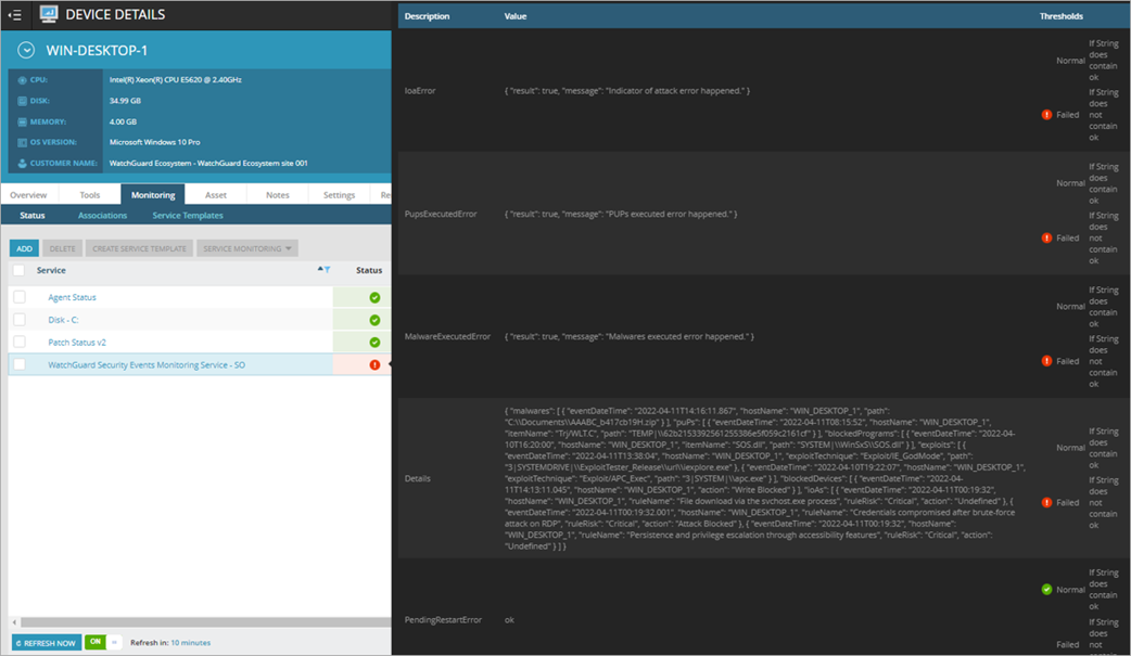 Screen shot of N-Central Device Details, Monitoring