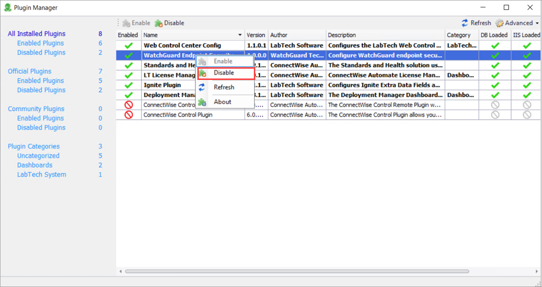 Screen shot of the ConnectWise Automate Control Center Plugin Manager to disable a plug-in