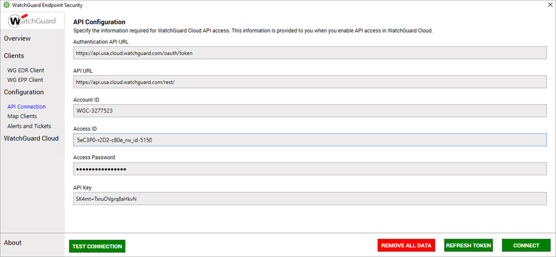 Screenshot of the API Connection page in the Endpoint Security plug-in.