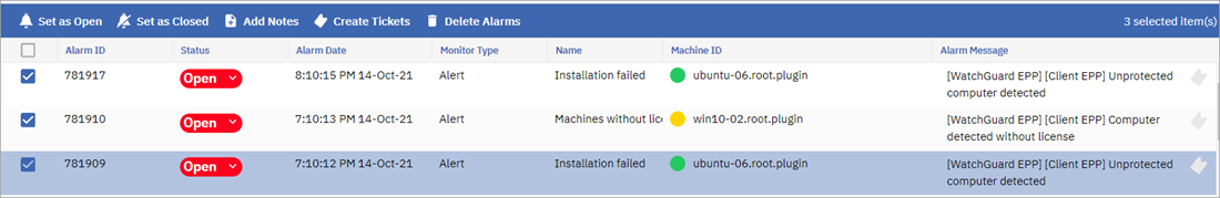 Screen shot of the manage alerts options in Kaseya VSA