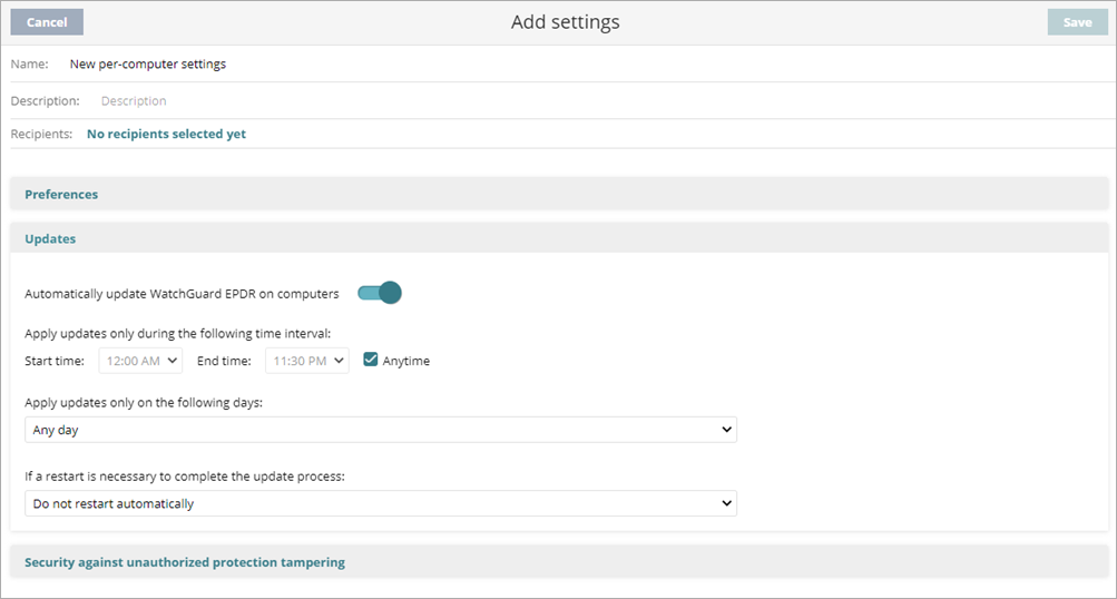 Screenshot of the Automatically update WatchGuard EPDR on computers toggle