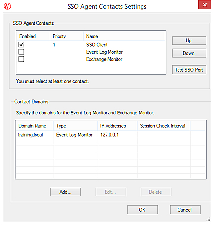 Screen shot of the SSO Agent Contacts Settings dialog box